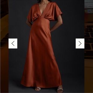 NWT Anthropologie BHLDN Women Leila Deep V Neck Flutter-Sleeve Satin Rust Gown 4